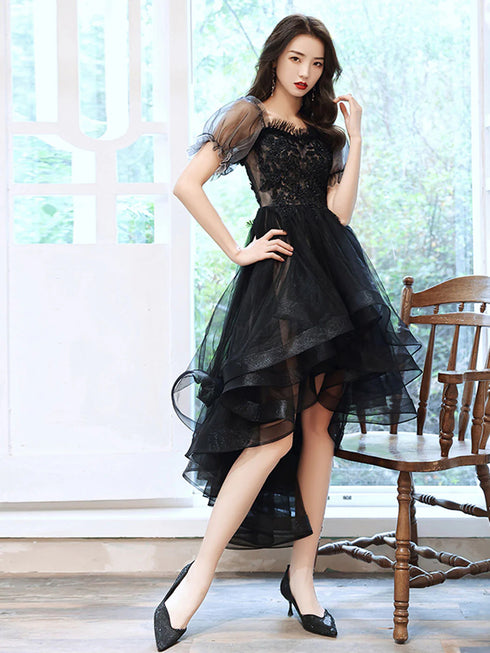 Cute Black High Low Tulle with Lace Applique Party Dress, Black Tulle Homecoming Dress