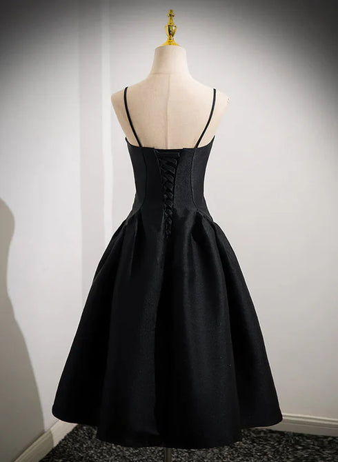 Black Satin Straps Simple Knee Length Party Dress, Black Homecoming Dress