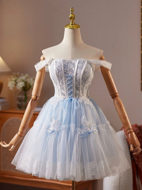 Light Blue Straps Lace and Tulle Knee Length Party Dress, Light Blue Homecoming Dress