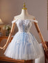 Light Blue Straps Lace and Tulle Knee Length Party Dress, Light Blue Homecoming Dress