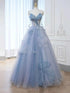 Light Blue Tulle Beaded Sweetheart Long Prom Dress, Light Blue Tulle Evening Dress