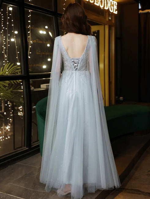 Light Blue V-neckline Beaded Floor Length Prom Dress, Light Blue Tulle Party Dress