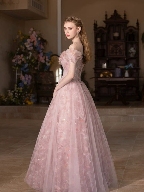 Beautiful Pink Flower Off Shoulder Tulle Prom Dress, A-line Tulle Pink Evening Dress