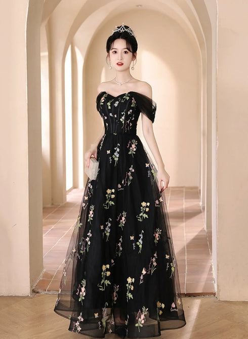 Black Floral Off Shoulder Tulle Long Prom Dress, Black Evening Dress