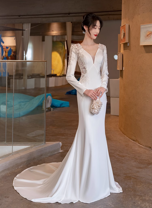 White Satin Mermaid Long Sleeves with Lace Wedding Party Dress, White Long Formal Dress