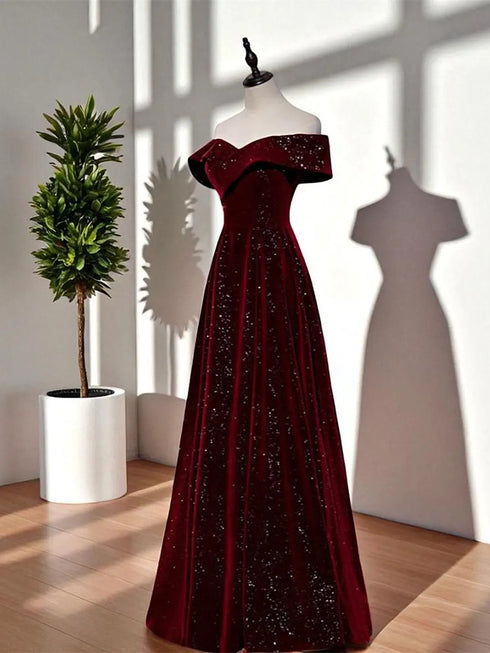 A-line Wine Red Velvet Sweetheart Floor Length Prom Dress, Wine Red Velvet Formal Dress