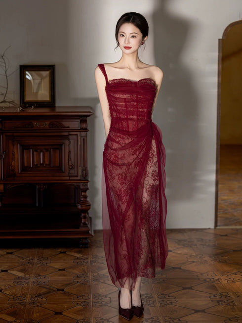 Wine Red Tulle and Lace One Shoulder Party Dress, A-line Wine Red Wedding Party Dress