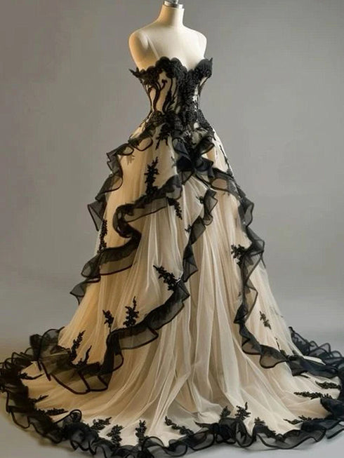 Black and Champagne Sweetheart Tulle Party Dress, A-line Long Evening Dress Prom Dress