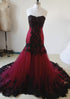 Wine Red Tulle with Black Lace Applique Mermaid Party Dress, Wine Red Tulle Prom Dress