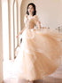 A-Line Champagne Short Sleeves Tulle With Lace Party Dress, Champagne Long Prom Dress