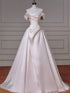 Light Pink Satin with Lace Applique Long Formal Dress, Light Pink Satin Prom Dress