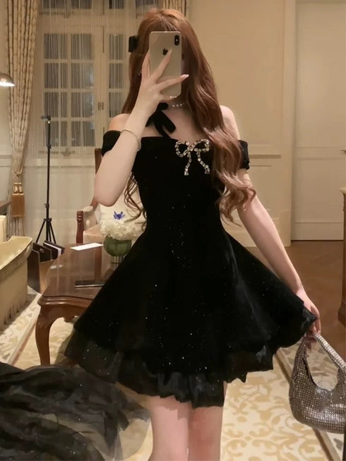 Black Velvet Short Party Dress Homecoming Dress, Black Velvet Off Shoulder Prom Dress