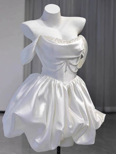 White Satin Beaded Off Shoulder Party Dress White Satin Short Graduation Dress