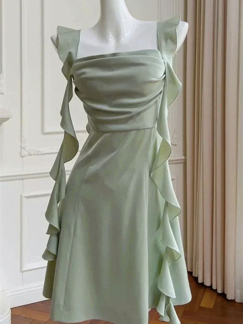 Cute Sage Green Square Neck Ruffled Midi Dress, Sleeveless Short Homecoming Dress