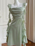 Cute Sage Green Square Neck Ruffled Midi Dress, Sleeveless Short Homecoming Dress