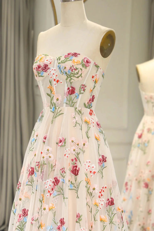 Elegant Ivory Floral Tulle Sweetheart Strapless Long Evening Dress, Tulle A-Line Prom Dress
