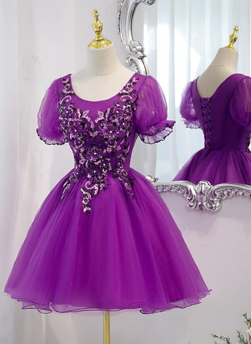 Purple Tulle Short Sleeves with Lace Homecoming Dress, Purple Short Prom Dress