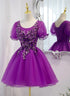 Purple Tulle Short Sleeves with Lace Homecoming Dress, Purple Short Prom Dress