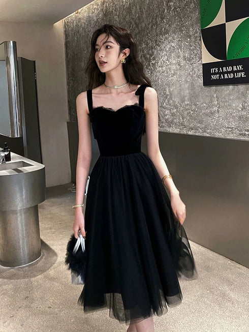 Black Tulle and Velvet Straps Knee Length Homecoming Dress, Black Short Prom Dress