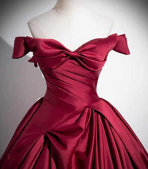 Wine Red Satin Off Shoulder Floor Length Party Dress, Wine Red Long Prom Dress