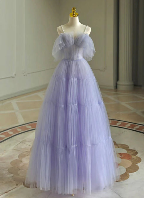 A-line Tulle Scoop Off Shoulder Party Dress, Lavender Tulle Prom Dress