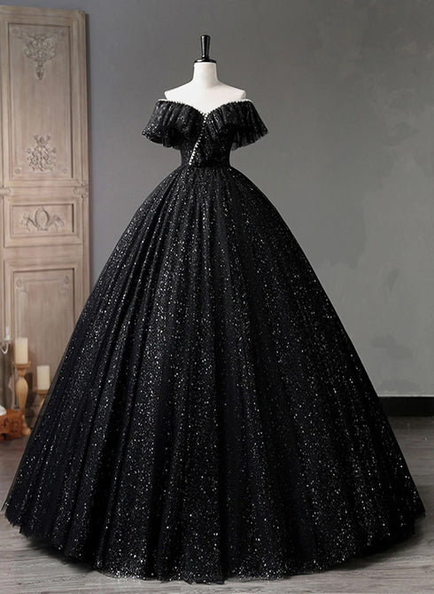 Black A-line Tulle Off Shoulder Beaded Party Dress, Black Shiny Tulle Prom Dress