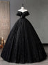 Black A-line Tulle Off Shoulder Beaded Party Dress, Black Shiny Tulle Prom Dress
