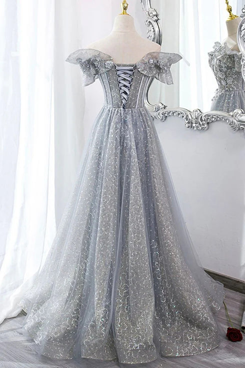 Shiny Silver Grey Tulle Evening Dress, Off Shoulder Glitter A-Line Long Prom Dress
