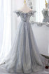 Shiny Silver Grey Tulle Evening Dress, Off Shoulder Glitter A-Line Long Prom Dress