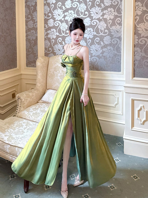 Green Straps A-line Satin Long Party Dress with Leg Slit, Green Satin Scoop Evening Dress
