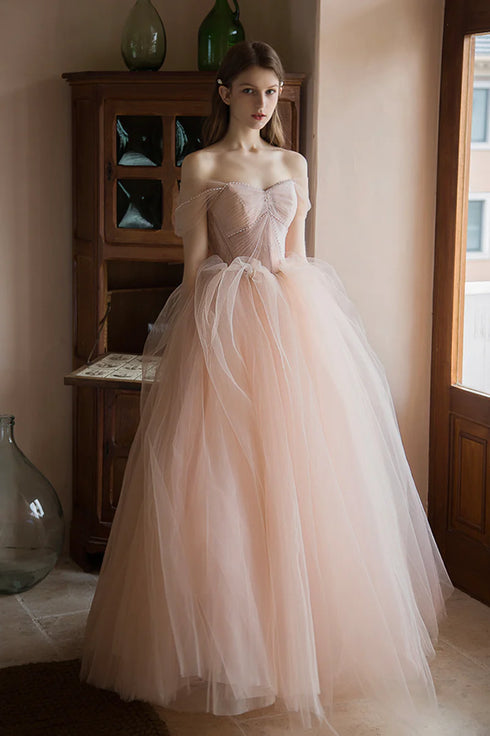 Off Shoulder Pink Tulle Long Formal Dress, A-line Princess Prom Dress Evening Dress