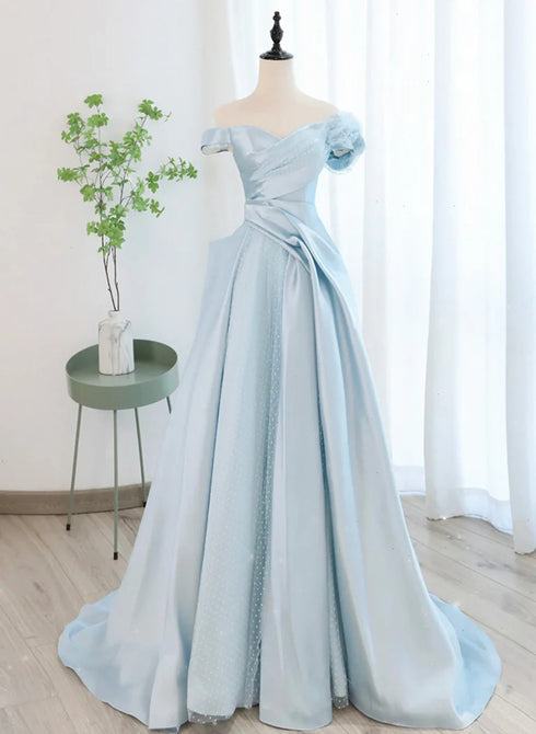 Blue Satin A-line Long Party Dress with Tulle, Blue Evening Dress Prom Dress