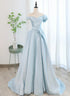 Blue Satin A-line Long Party Dress with Tulle, Blue Evening Dress Prom Dress