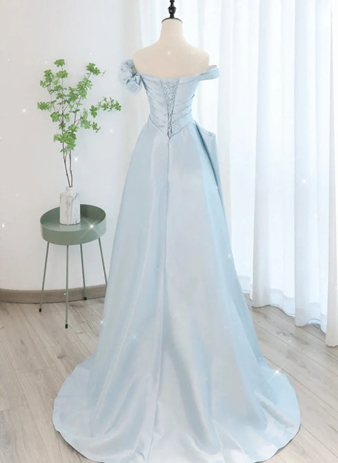 Blue Satin A-line Long Party Dress with Tulle, Blue Evening Dress Prom Dress