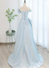 Blue Satin A-line Long Party Dress with Tulle, Blue Evening Dress Prom Dress