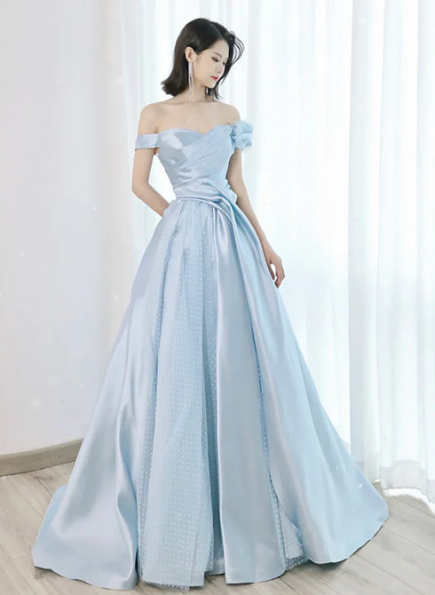 Blue Satin A-line Long Party Dress with Tulle, Blue Evening Dress Prom Dress