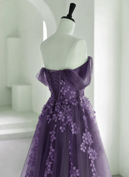 A-line Purple Tulle with Lace Formal Dress, Purple Tulle Prom Dress