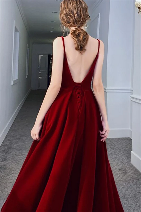 Wine Red Velvet Long Formal Dress Party Dress, V-neckline Straps Prom Dress