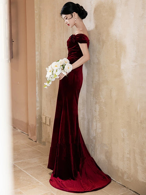 Wine Red Mermaid Off Shoulder Velvet Evening Dress, Wine Red Velvet Prom Dress