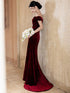 Wine Red Mermaid Off Shoulder Velvet Evening Dress, Wine Red Velvet Prom Dress