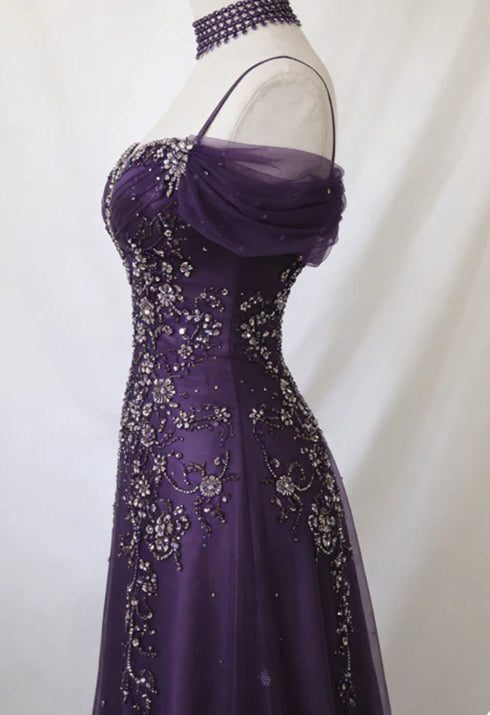 Elegant Purple Beadings Sequins Formal Prom Dress, Spaghetti Straps Off Shoulder Floor-Length Evening Gown