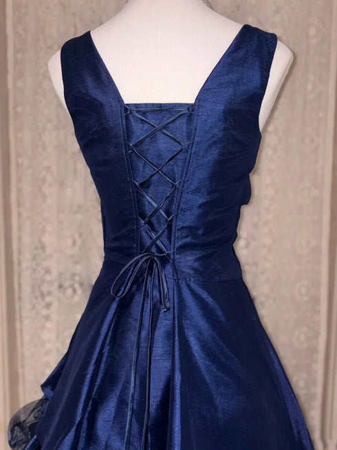 A-line Navy Blue Knee Length Homecoming Dress, Satin and Tulle Navy Blue Short Prom Dress