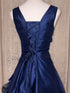 A-line Navy Blue Knee Length Homecoming Dress, Satin and Tulle Navy Blue Short Prom Dress
