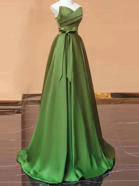 Green Satin V-neckline Floor Length Party Dress, A-line Simple Green Prom Dress