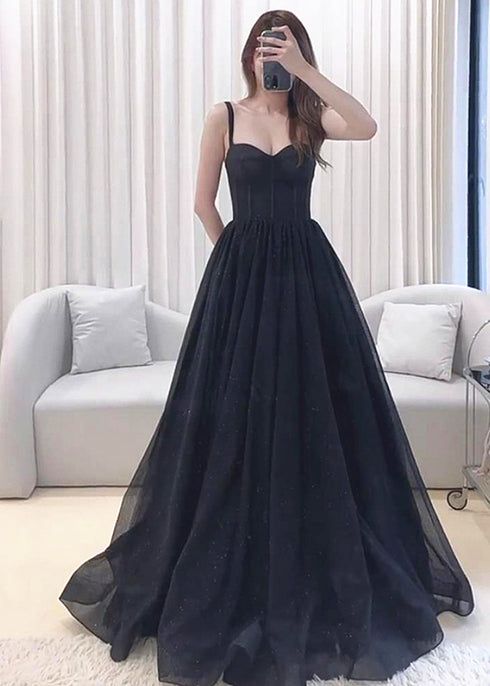 A-line Black Tulle Sweetheart Straps Long Party Dress, Black Tulle Prom Dress