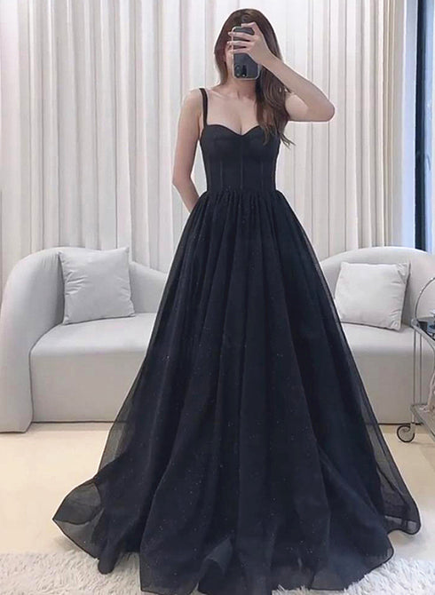 A-line Black Tulle Sweetheart Straps Long Party Dress, Black Tulle Prom Dress