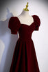 Wine Red A-line Short Sleeves Long Simple Party Dress, Wine Red Velvet Prom Dress