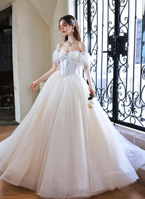 White Off Shoulder Sweetheart Beaded Long Party Dress, White Formal Dress