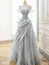 Sliver Grey Tulle Beaded Off Shoulder Party Dress, A-line Sliver Tulle Long Evening Dress Prom Dress