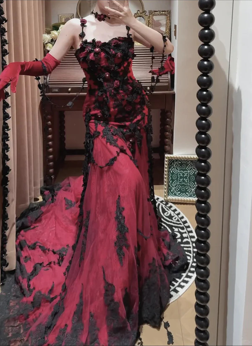Wine Red Mermaid Straps Sweetheart Party Dress, Wine Red Lace Prom Dress